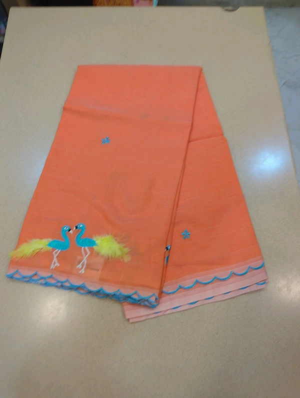Pure Mangalagiri Pattu With Feather Work - orange 33