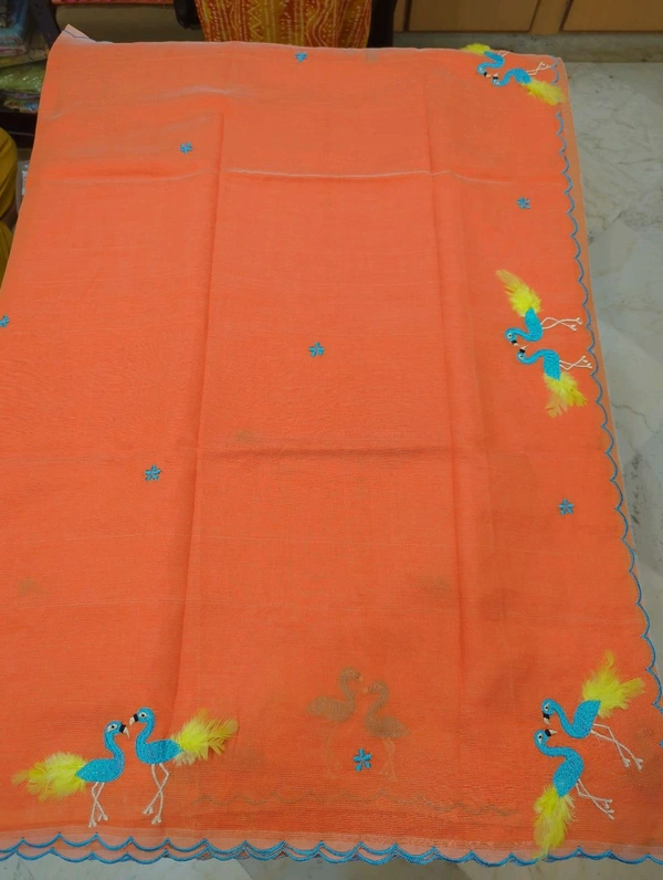 Pure Mangalagiri Pattu With Feather Work - orange 33