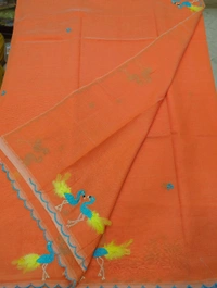 Pure Mangalagiri Pattu With Feather Work - orange 33