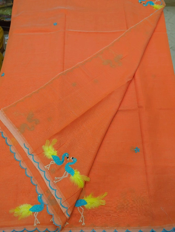Pure Mangalagiri Pattu With Feather Work - orange 33