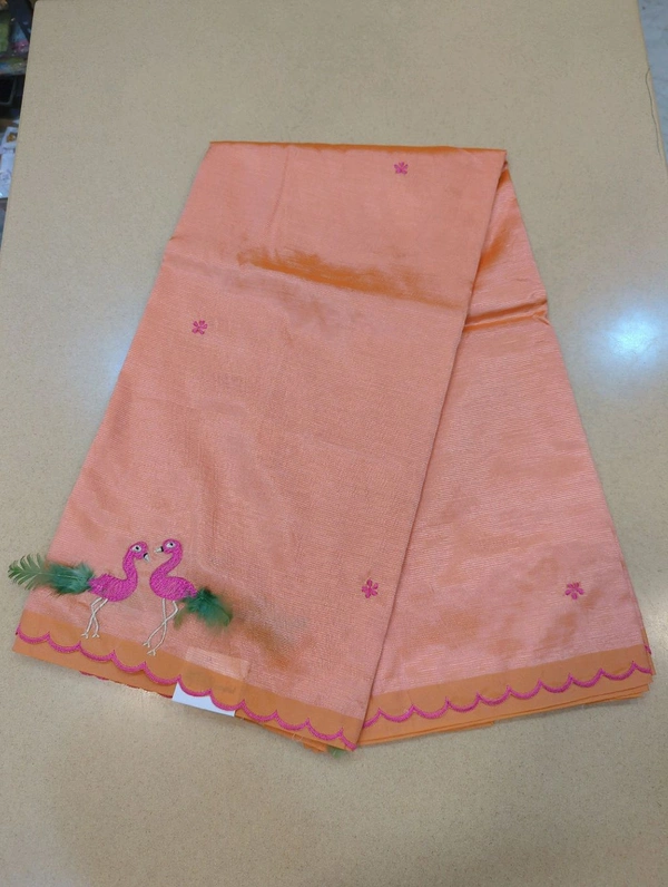 Pure Mangalagiri Pattu With Feather Work - orange 34