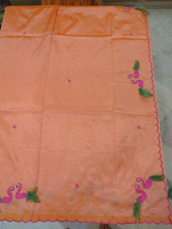 Pure Mangalagiri Pattu With Feather Work - orange 34
