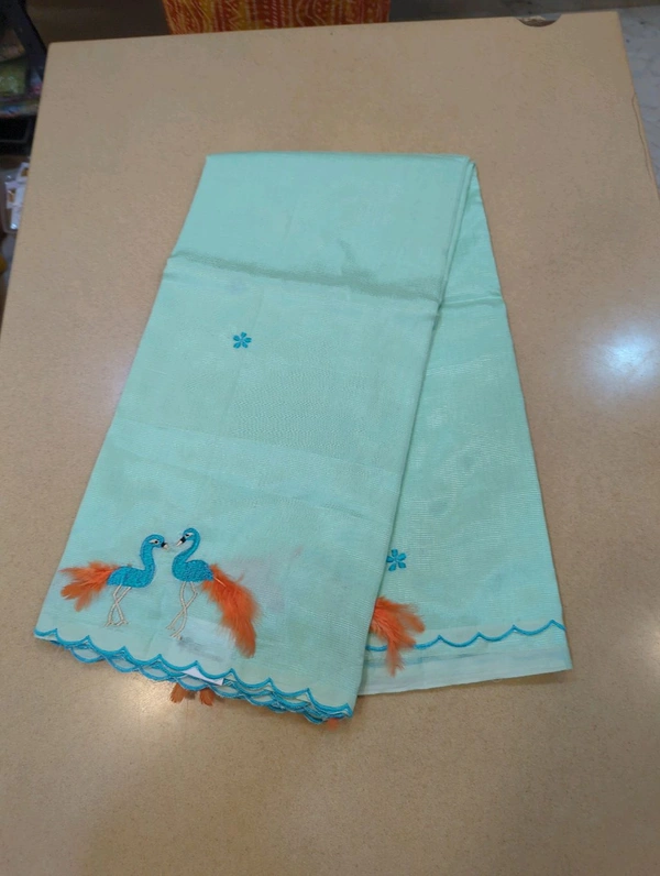 Pure Mangalagiri Pattu With Feather Work - sea blue 35