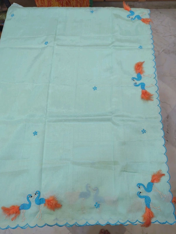 Pure Mangalagiri Pattu With Feather Work - sea blue 35