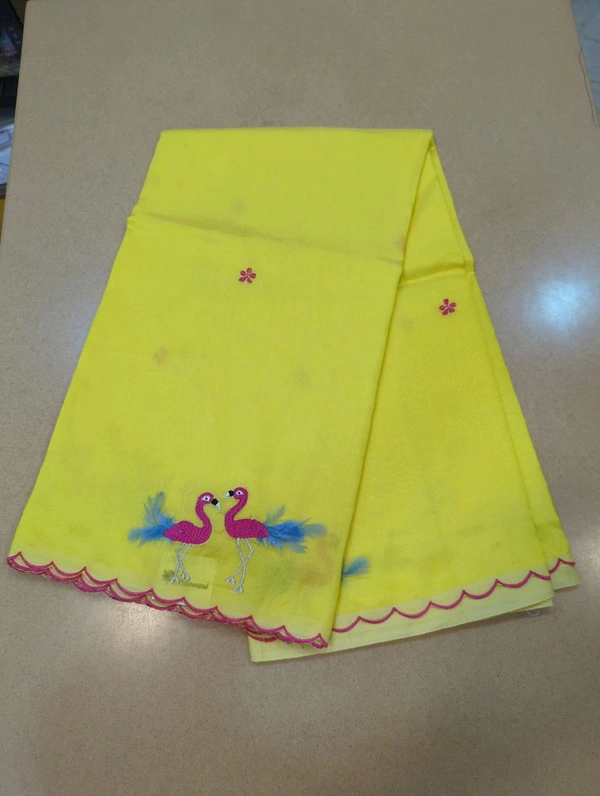 Pure Mangalagiri Pattu With Feather Work - yellow 37