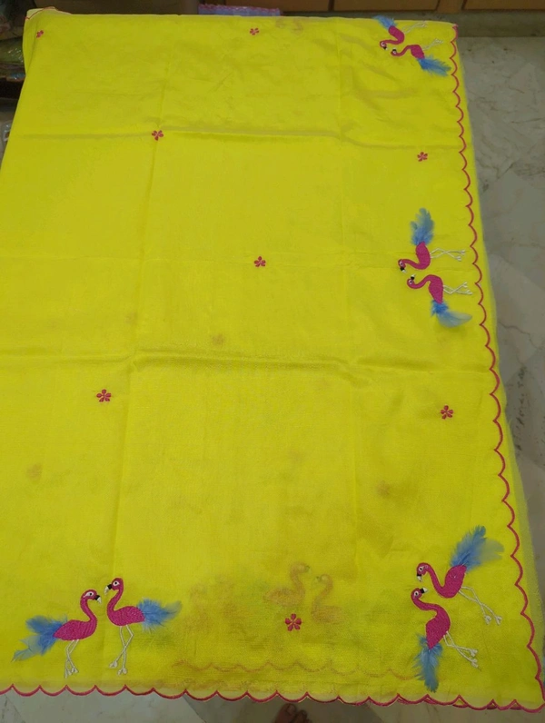 Pure Mangalagiri Pattu With Feather Work - yellow 37