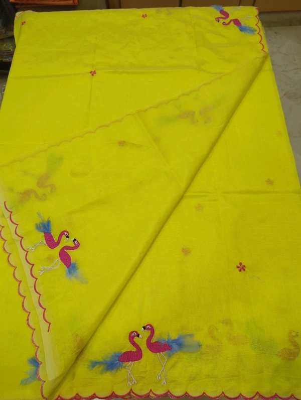 Pure Mangalagiri Pattu With Feather Work - yellow 37