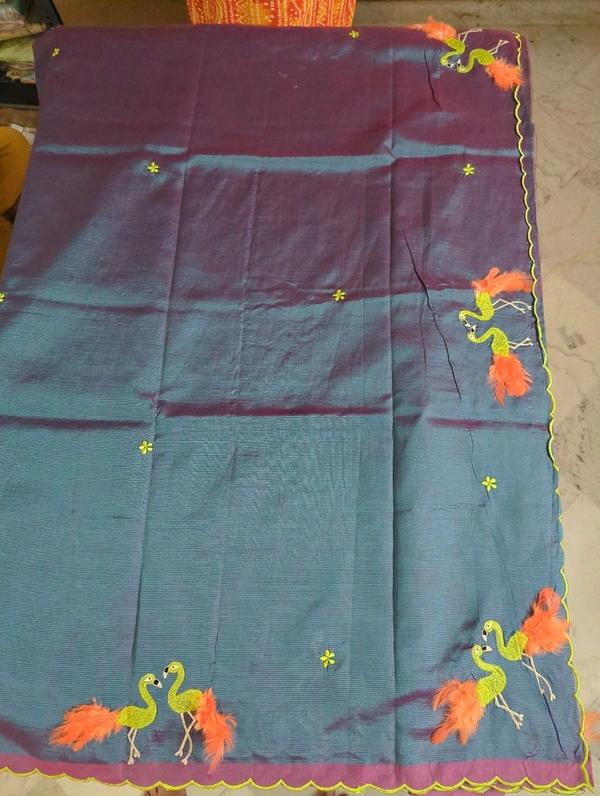 Pure Mangalagiri Pattu With Feather Work - blue 42