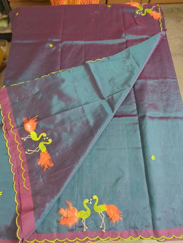Pure Mangalagiri Pattu With Feather Work - blue 42