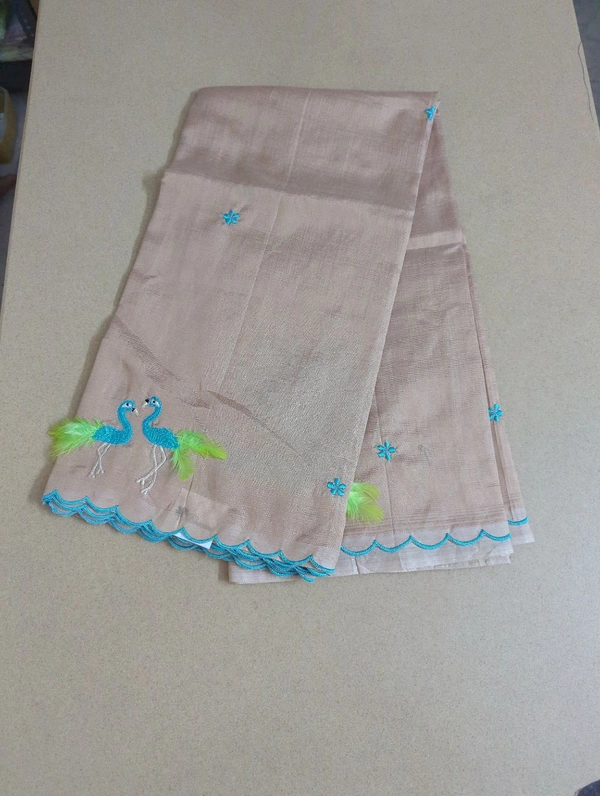 Pure Mangalagiri Pattu With Feather Work - biscuit 45