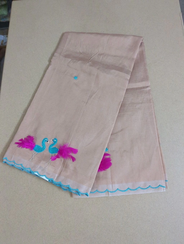 Pure Mangalagiri Pattu With Feather Work - biscuit 46