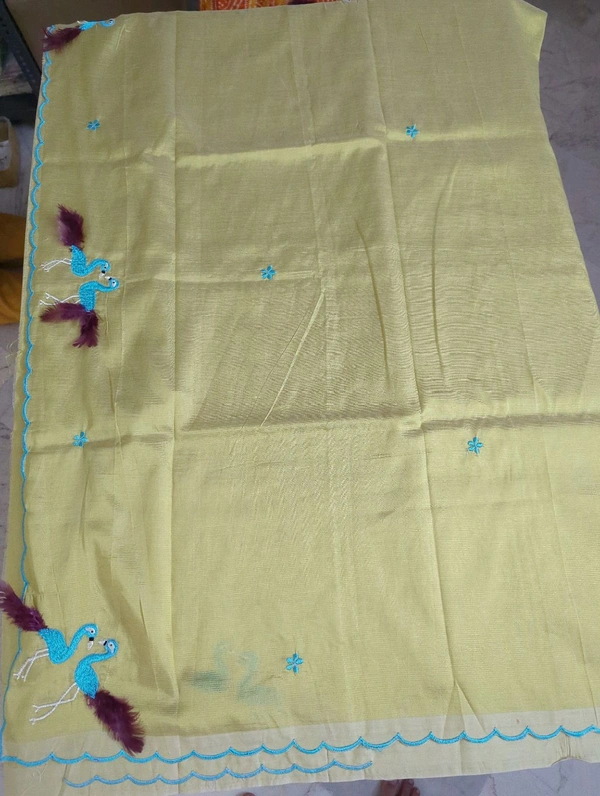 Pure Mangalagiri Pattu With Feather Work - gold 47