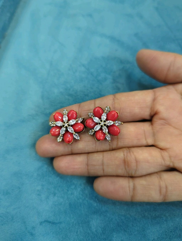 Mossonite Ear Studs Screw Back - red flower