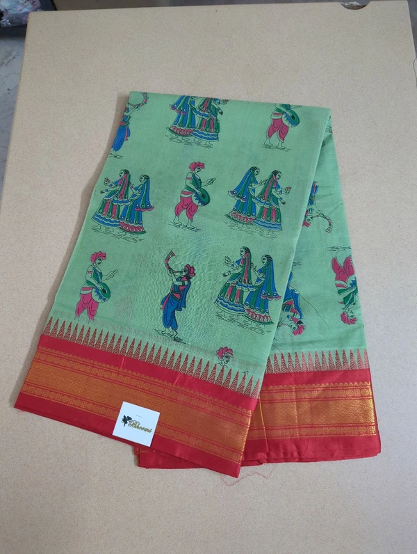 Pure Handloom Gadwal Cotton - humans on mint green