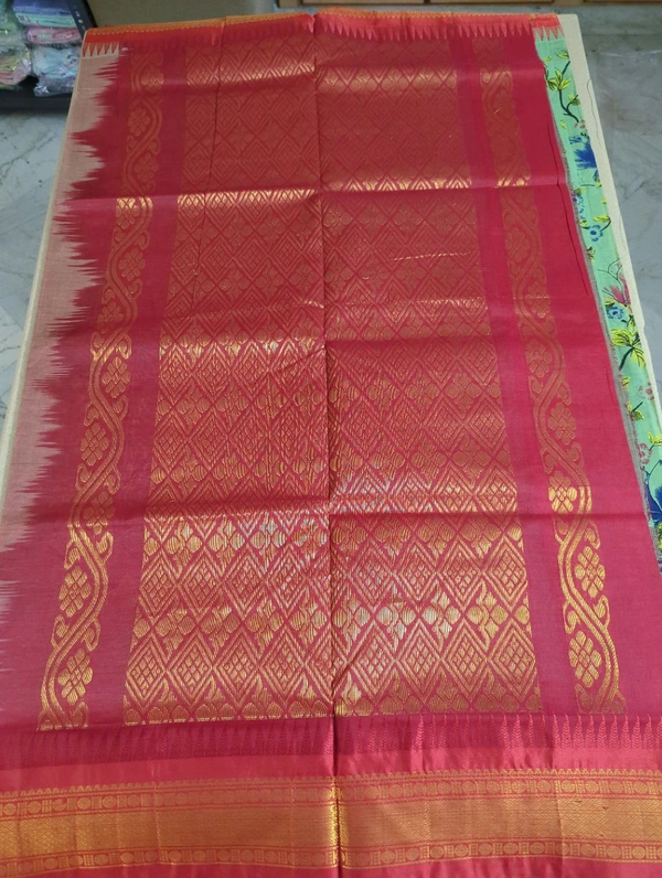 Pure Handloom Gadwal Cotton - flowers on mint green