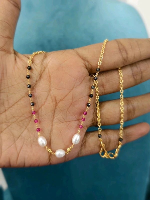 Simple Black Diamonds Chain With Real Fresh Waterpearls And Manulu