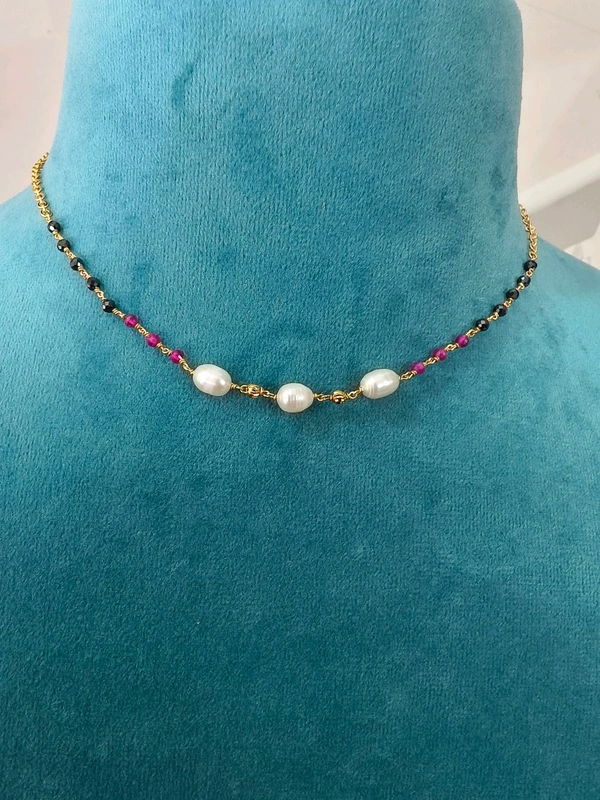 Simple Black Diamonds Chain With Real Fresh Waterpearls And Manulu