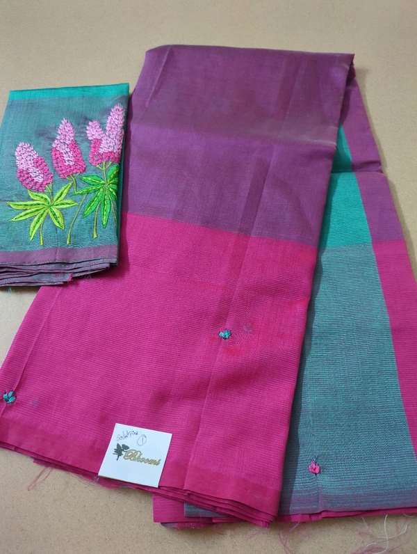Pure Handloom Mangalagiri Pattu Embroidery  - Solid Pink 1