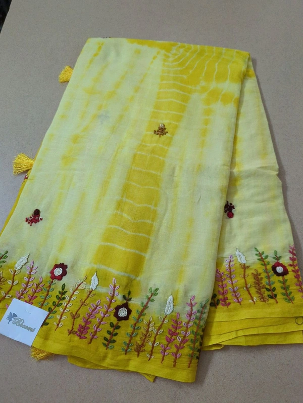 Pure Mulmul Cotton With Handwork - Yellow