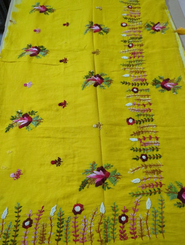 Pure Mulmul Cotton With Handwork - Yellow