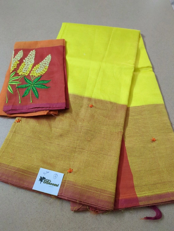 Pure Handloom Mangalagiri Pattu Embroidery  - Yellow 4