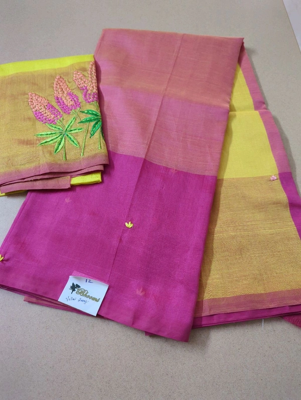 Pure Handloom Mangalagiri Pattu Embroidery  - Yellow Orange 12