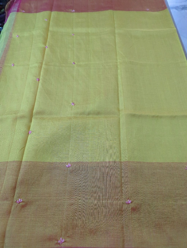 Pure Handloom Mangalagiri Pattu Embroidery  - Yellow Orange 12