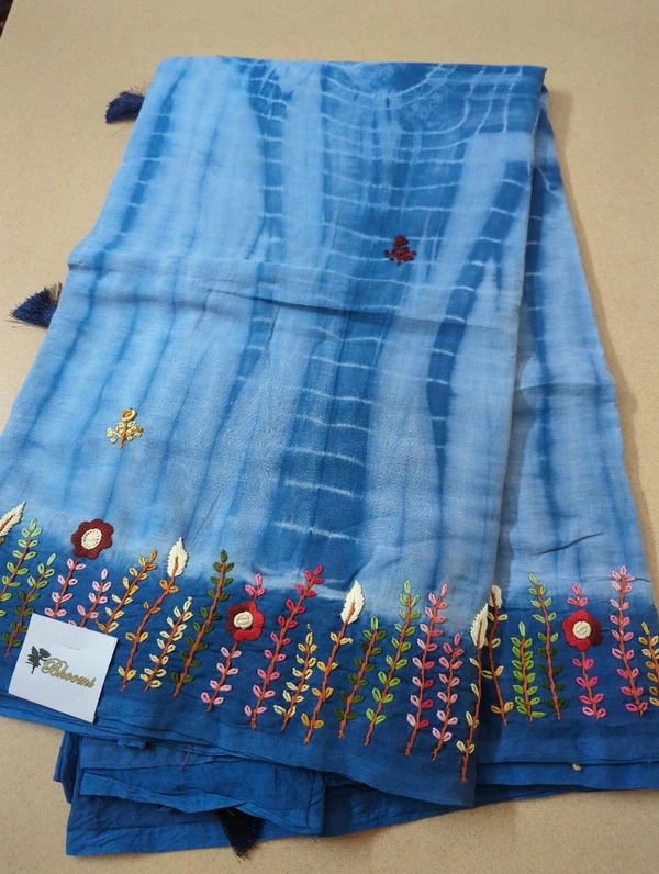 Pure Mulmul Cotton With Handwork - Blue