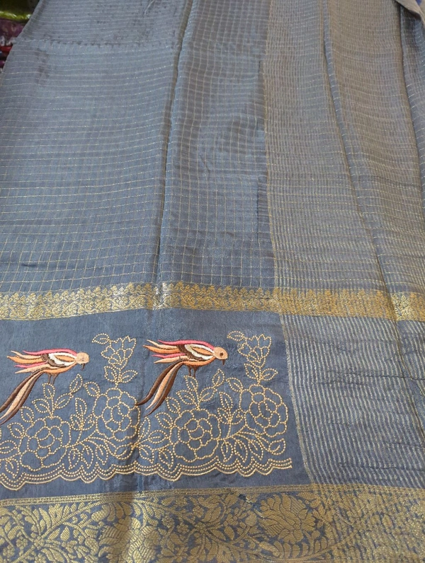 Pure Dola Checks Embroidery  - Gray