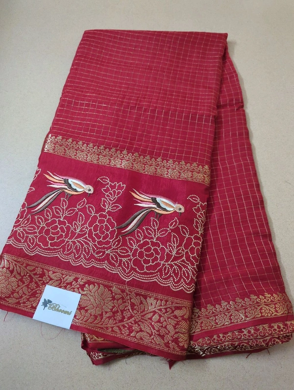 Pure Dola Checks Embroidery  - Red