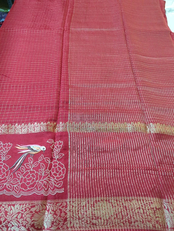 Pure Dola Checks Embroidery  - Red