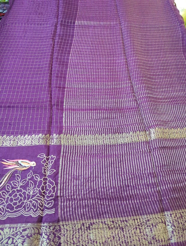 Pure Dola Checks Embroidery  - Purple