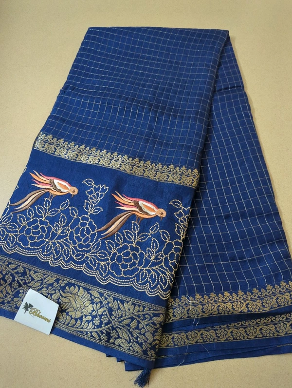 Pure Dola Checks Embroidery  - Dark Blue