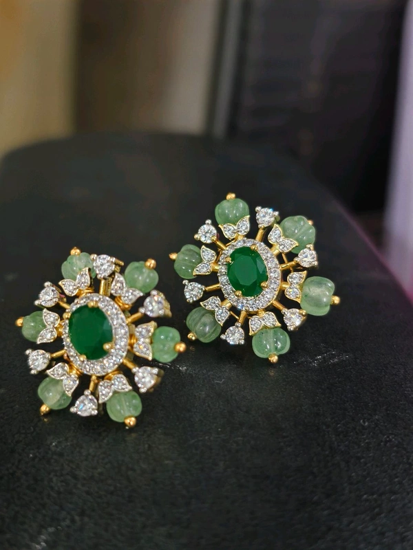 Emerald Studs With Pumpkin Beads