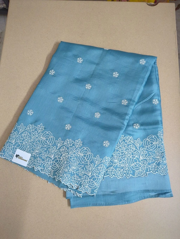 Satin Tusser Embroidery  - sky blue