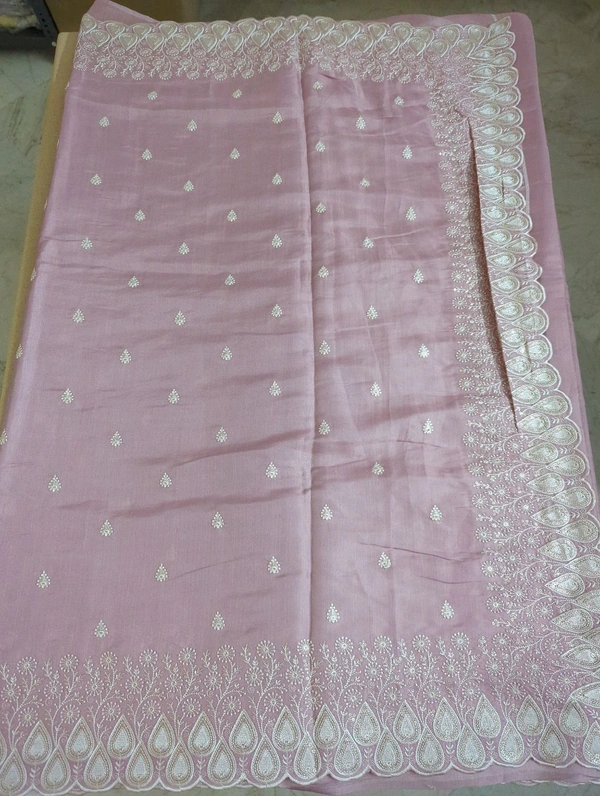 Satin Tusser Embroidery  - Pink Lace