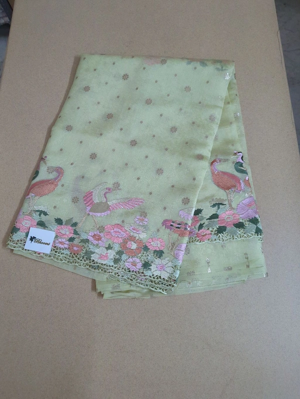 Designer Weaving With Embroidery  - Mint Green