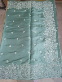 Satin Tusser Embroidery  - teal green