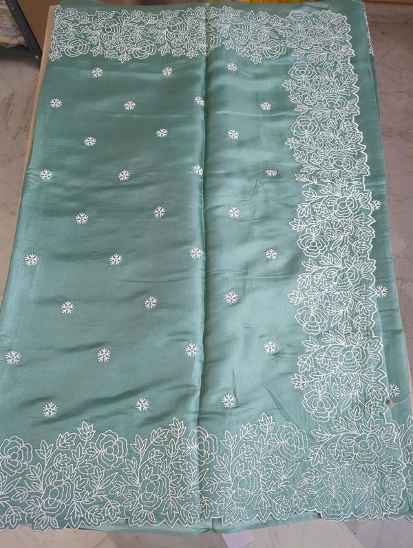 Satin Tusser Embroidery  - teal green