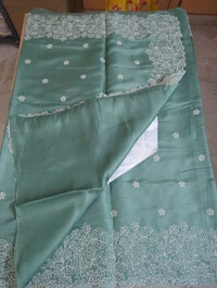 Satin Tusser Embroidery  - teal green