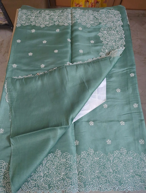Satin Tusser Embroidery  - teal green