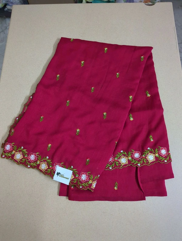 Pure Vichitra Silk Embroidery  - Red