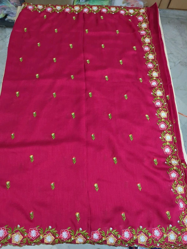 Pure Vichitra Silk Embroidery  - Red