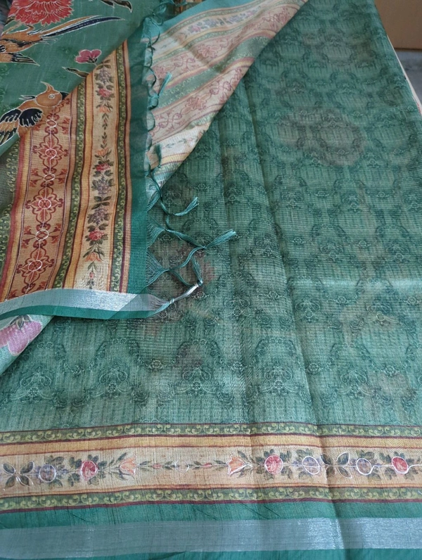 Soft Tusser With Pita Work  - green