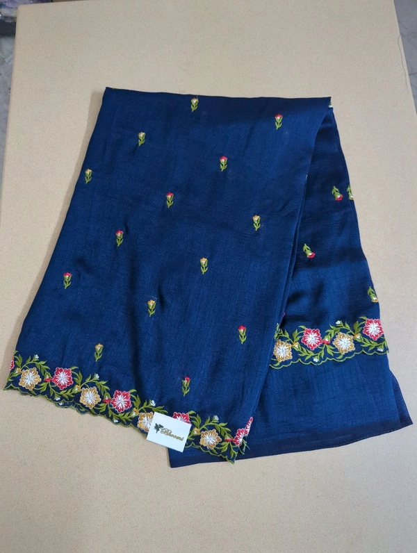 Pure Vichitra Silk Embroidery  - Navy Blue