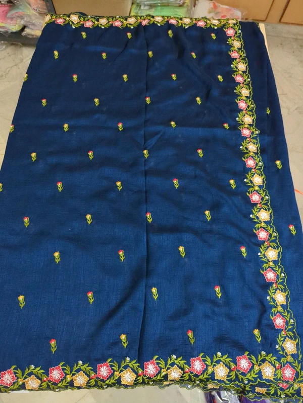Pure Vichitra Silk Embroidery  - Navy Blue