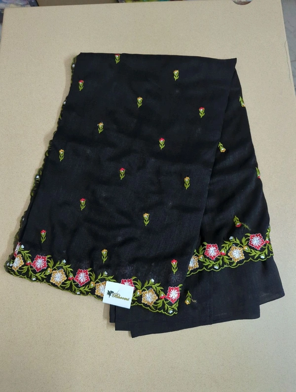Pure Vichitra Silk Embroidery  - Black