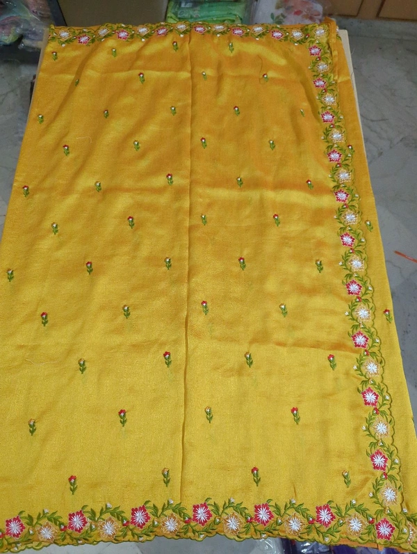 Pure Vichitra Silk Embroidery  - Gold