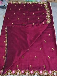 Pure Vichitra Silk Embroidery  - Maroon