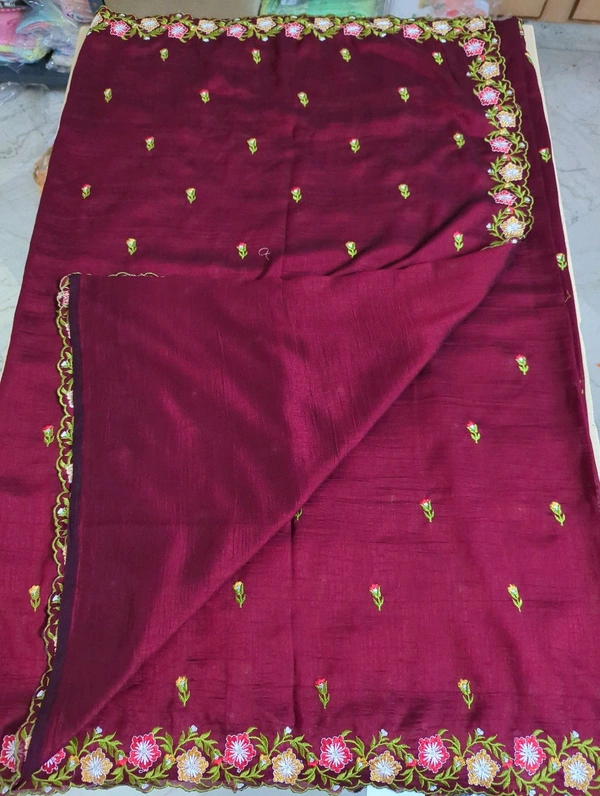Pure Vichitra Silk Embroidery  - Maroon